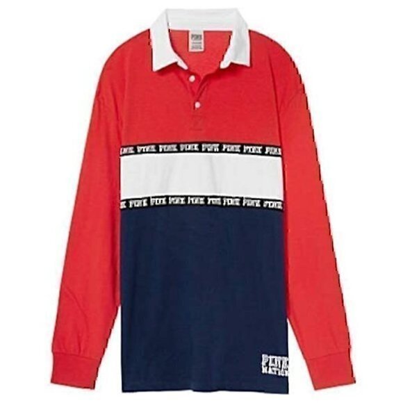 PINK VS VICTORIA'S SECRET Rugby Button Up Tee Red Navy Colorblock Long Sleeve XS - Picture 3 of 9